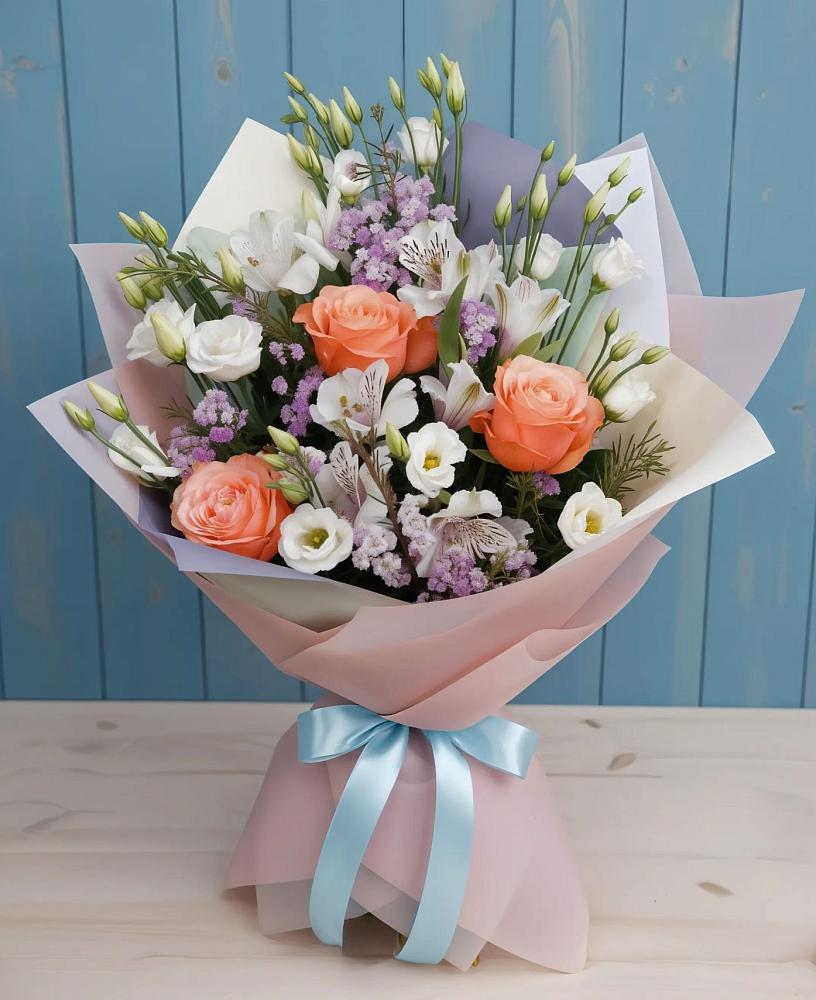 Букет цветов из: Лизиантусы, Розы, Альстромерии и Гипсофила в Арчединской