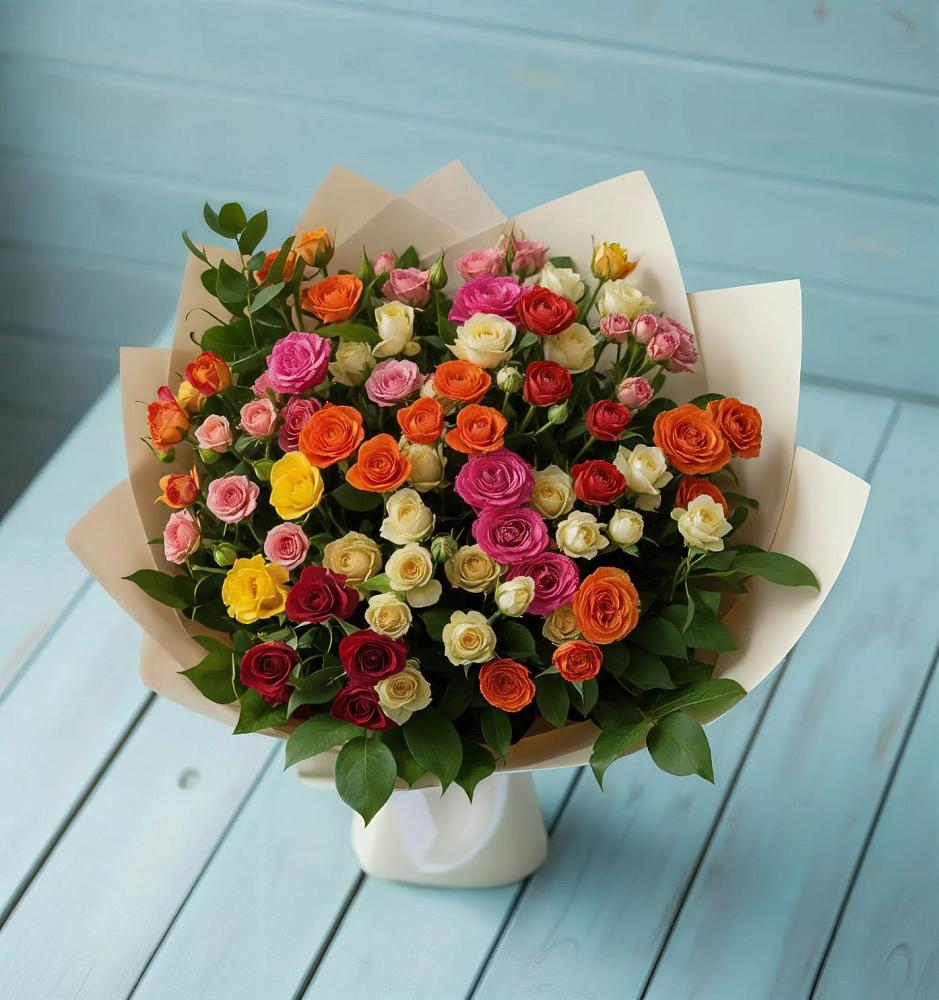 Букет Микс из разноцветных кустовых роз в Арчединской